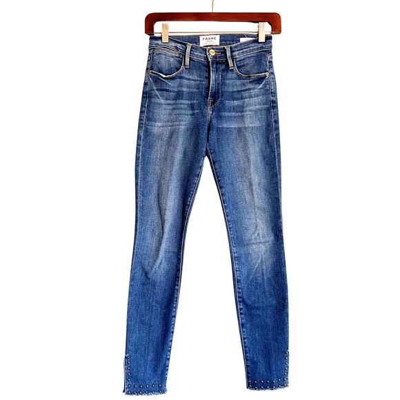 Frame Le High Skinny Hazelwood Stud Hem Jeans Size 24 Blue Denim Distressed - Picture 2 of 8